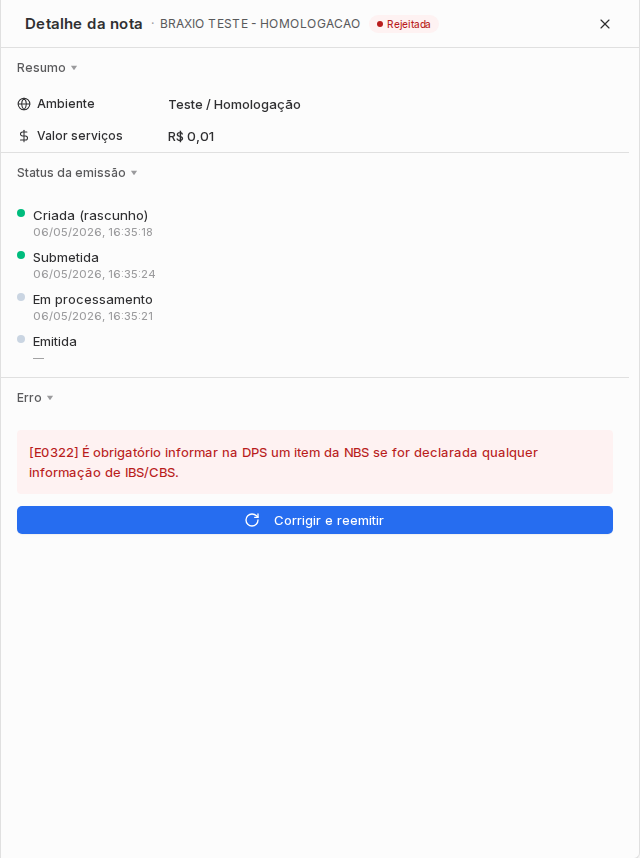 Detalhe de nota fiscal rejeitada com resumo, timeline, código de erro e botão Corrigir e reemitir.