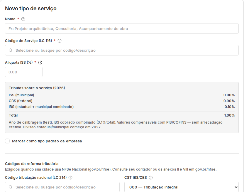 Formulário de tipo de serviço fiscal com códigos LC 116, ISS, IBS/CBS, ClassTrib, NBS, CNAE e template.