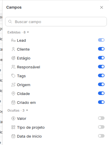 Painel Campos com oito colunas exibidas e três ocultas, cada uma com uma chave.
