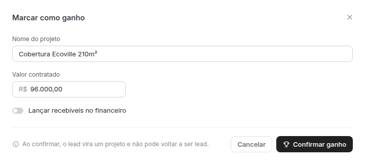 Diálogo de marcar como ganho, com os campos revisados antes da conversão.