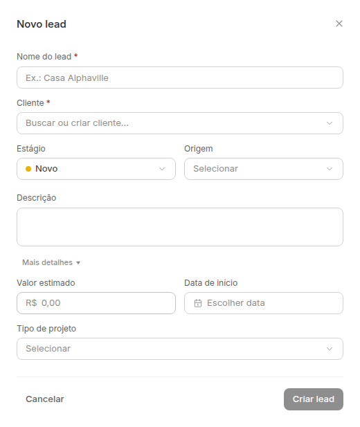 Formulário Novo lead com a seção Mais detalhes aberta, mostrando Valor estimado, Data de início e Tipo de projeto.