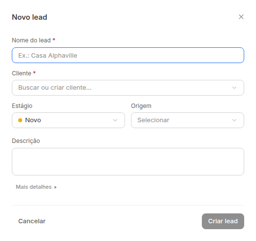 Formulário Novo lead com os campos Nome do lead, Cliente, Estágio, Origem e Descrição.