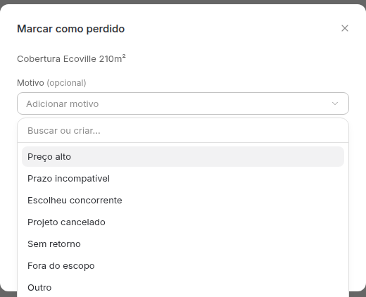 Campo Motivo aberto, com a lista de motivos de perda e um campo para buscar ou criar.