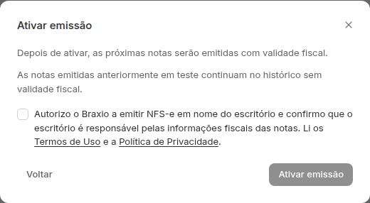 Janela Ativar emissão com o aviso sobre validade fiscal e a caixa de autorização.