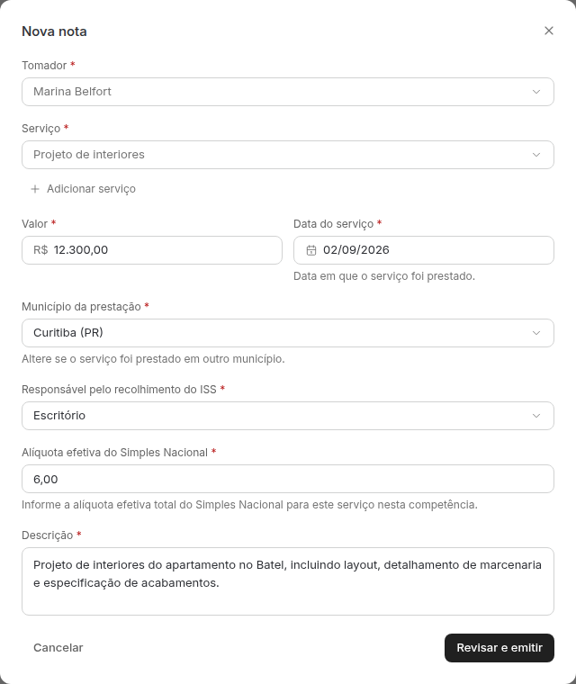 Janela Nova nota preenchida com tomador, serviço, valor, data do serviço, município, alíquota e descrição.