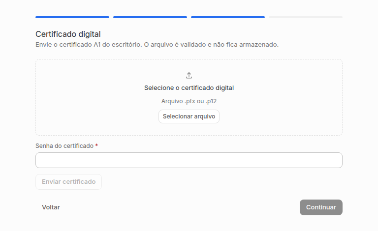 Etapa do certificado digital com a área para selecionar o arquivo e o campo de senha.