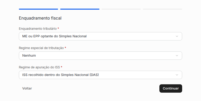 Etapa de enquadramento fiscal com os campos de enquadramento tributário, regime especial e regime de apuração do ISS preenchidos.