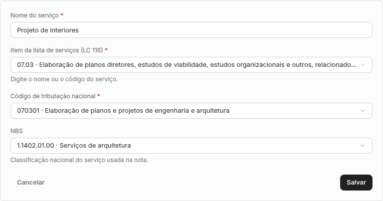Formulário de serviço com nome, item da LC 116, código de tributação nacional e NBS preenchidos.