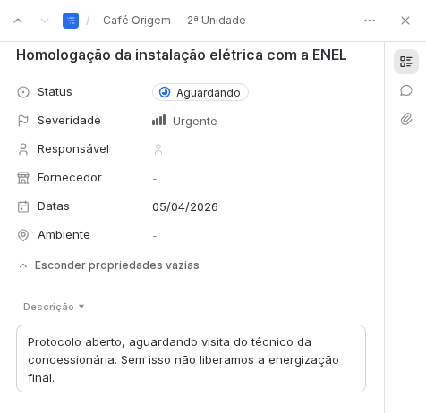 Painel de uma pendência com status Aguardando, severidade Urgente, fornecedor, datas e ambiente.