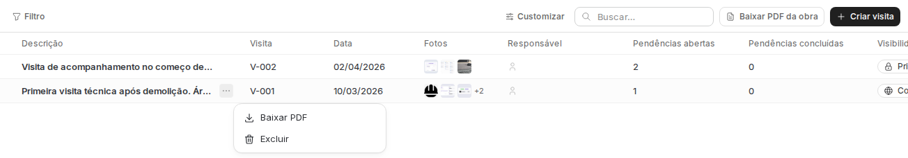 Barra do Diário de obra com Baixar PDF da obra, e o menu de ações de uma visita aberto com Baixar PDF e Excluir.