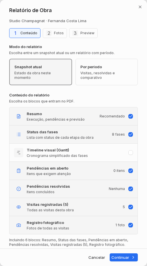 Diálogo Relatório de Obra com seleção de conteúdo, período, fotos e blocos do relatório.