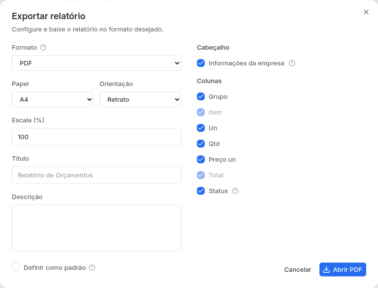 Diálogo Exportar relatório com formato, papel, orientação, escala, título, colunas e cabeçalho.