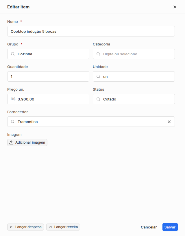 Painel Editar item com nome, grupo, categoria, quantidade, unidade, preço, status, fornecedor e imagem.