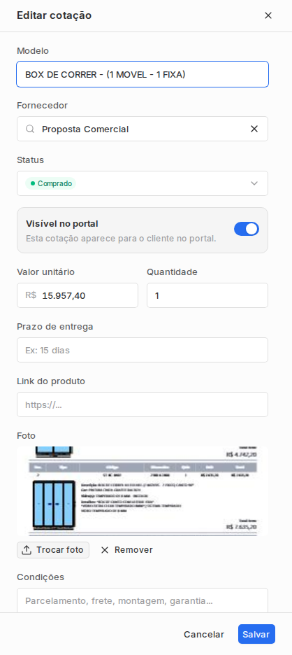 Painel Editar cotação com modelo, fornecedor, status, visibilidade no portal, valor, quantidade e foto.