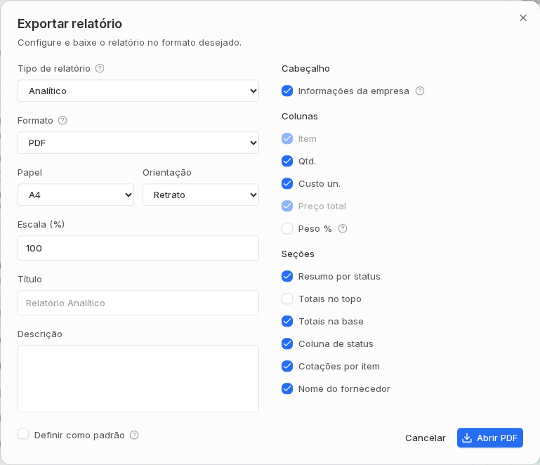 Diálogo Exportar relatório com tipo, formato, orientação, colunas e seções de orçamento.