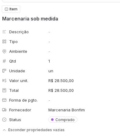 Painel de um item do orçamento com descrição, tipo, ambiente, quantidade, unidade, valor unitário, total, forma de pagamento, fornecedor e status.