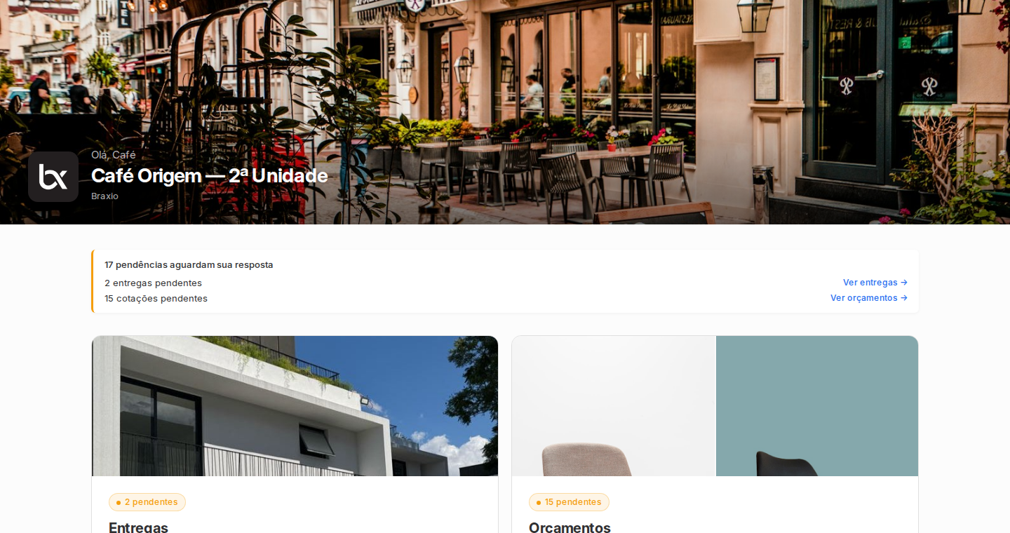 Visão pública do Portal do Cliente com capa, saudação, pendências e cards de Entregas, Orçamentos e Obra.