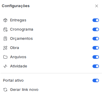 Painel de configurações do portal com chaves para Entregas, Cronograma, Orçamentos, Obra, Arquivos e Atividade, além de Portal ativo e Gerar link novo.