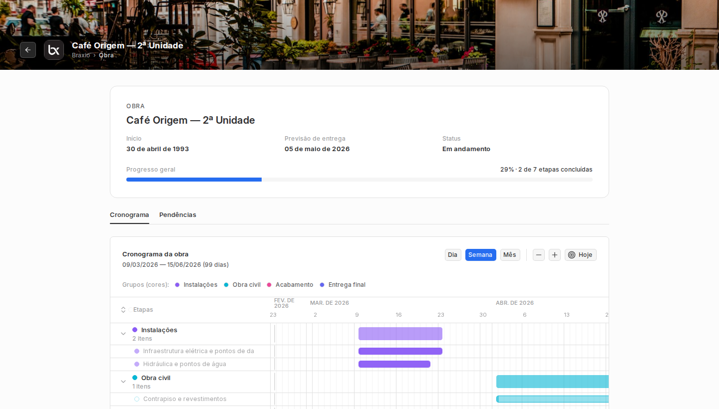Visão pública da obra no Portal do Cliente com resumo, progresso, cronograma e etapas.
