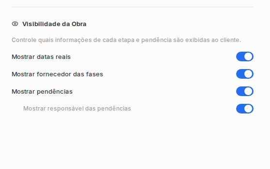 Opções de visibilidade da obra no painel de configurações do portal.