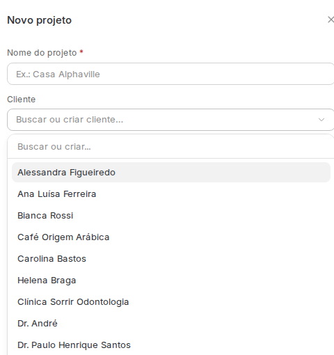 Campo Cliente aberto no formulário Novo projeto, com a busca e a lista de cadastros existentes.