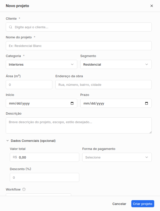 Formulário Novo projeto com cliente, nome, categoria, segmento, datas, descrição e dados comerciais.