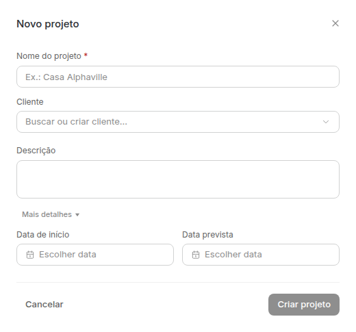 Formulário Novo projeto com nome, cliente, descrição e as datas de início e prevista.