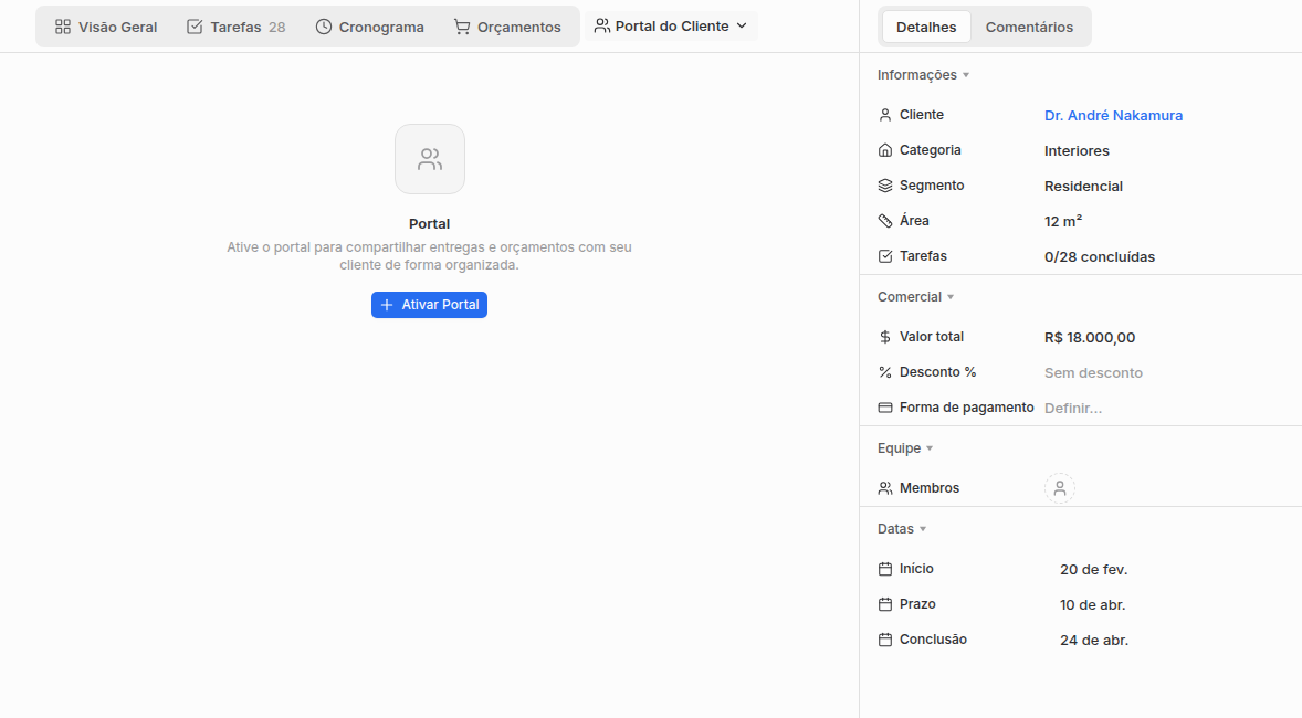 Aba Portal do Cliente do projeto com botão Ativar Portal e painel lateral.
