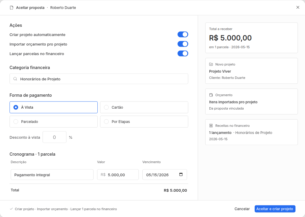 Modal Aceitar proposta com opções de criar projeto, importar orçamento e lançar parcelas no financeiro.