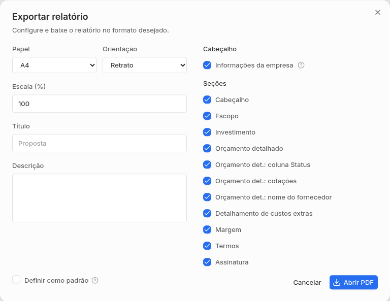 Modal Exportar relatório da proposta com papel, orientação, escala e seções do PDF.