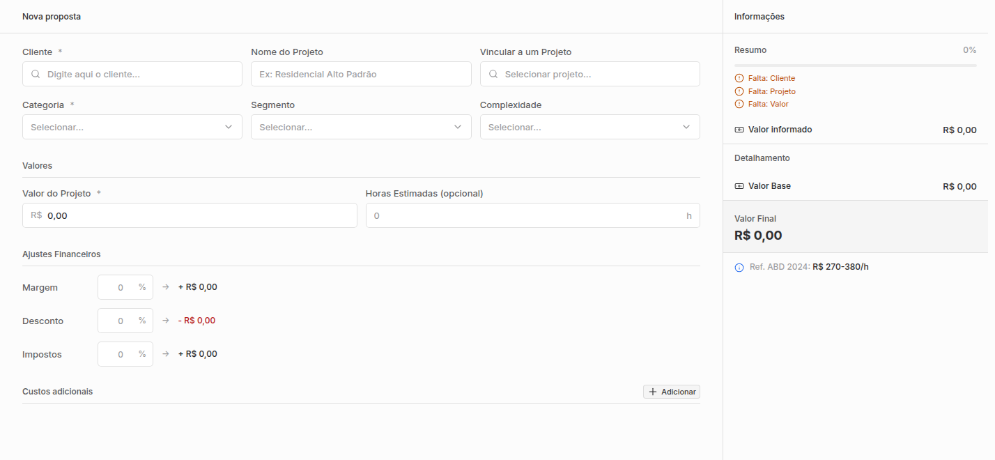 Formulário de nova proposta manual com cliente, nome, categoria, valor e resumo lateral.
