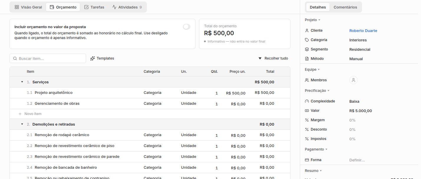 Aba Orçamento da proposta com total, opção de incluir no valor, grupos e itens.