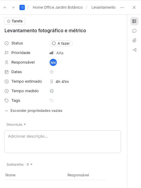 Painel de detalhe de uma tarefa com status, prioridade, responsável, datas, tempo estimado e tempo medido.