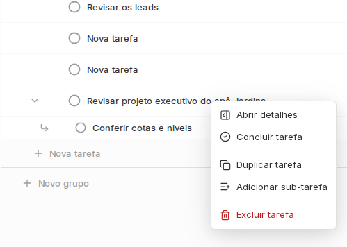 Menu de botão direito em uma tarefa com Abrir detalhes, Concluir, Duplicar, Adicionar sub-tarefa e Excluir.