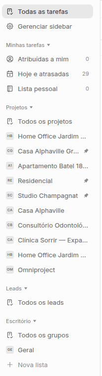 Barra lateral de Tarefas com os grupos Minhas tarefas, Projetos, Leads e Escritório, e o botão Nova lista no fim.