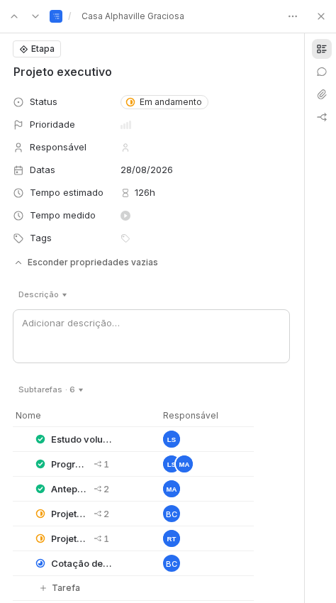 Painel de detalhes da etapa Projeto executivo, com status, prioridade, responsável, datas, tempo estimado e a lista do que está dentro dela.