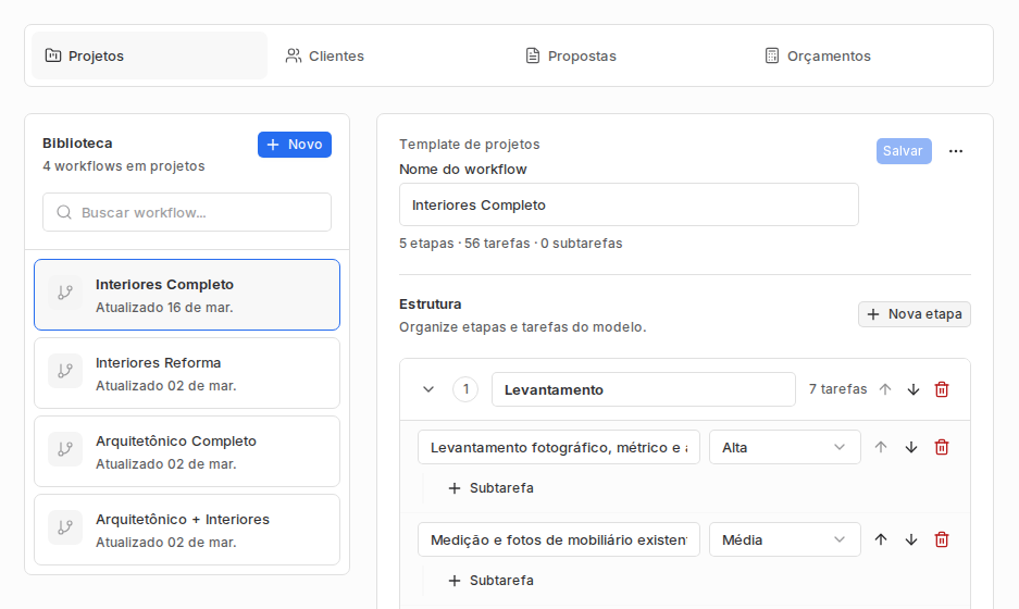 Configurações de Workflows com biblioteca e o modelo Interiores Completo aberto, com etapas e tarefas.